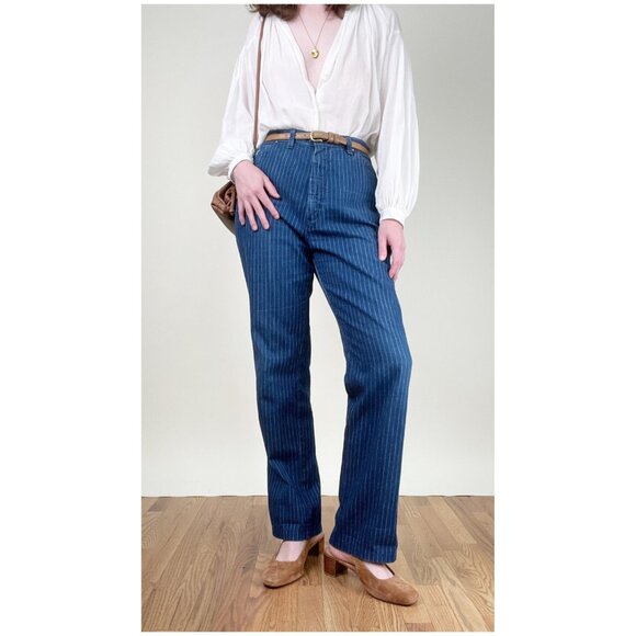Vintage 70s 80s Wrangler Railroad Stripe Pinstriped Western Straight Denim Jeans - Picture 1 of 7